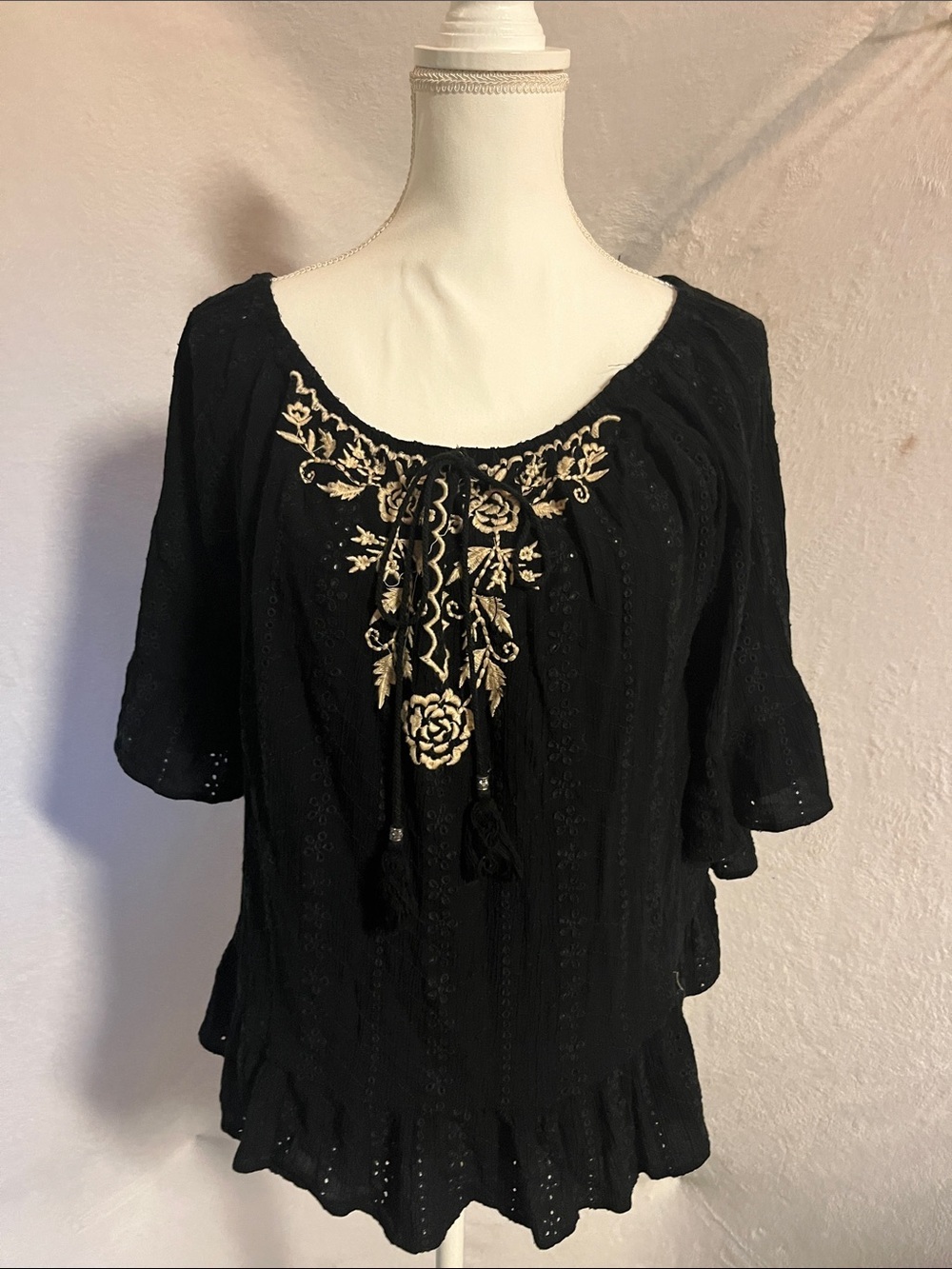Black Embroidered Boho Peasant Tunic with Tassel Ties